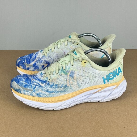 Hoka Clifton 8 Athletic Running Shoes Womens 8 Blue White Yellow Low Top - Picture 11 of 11